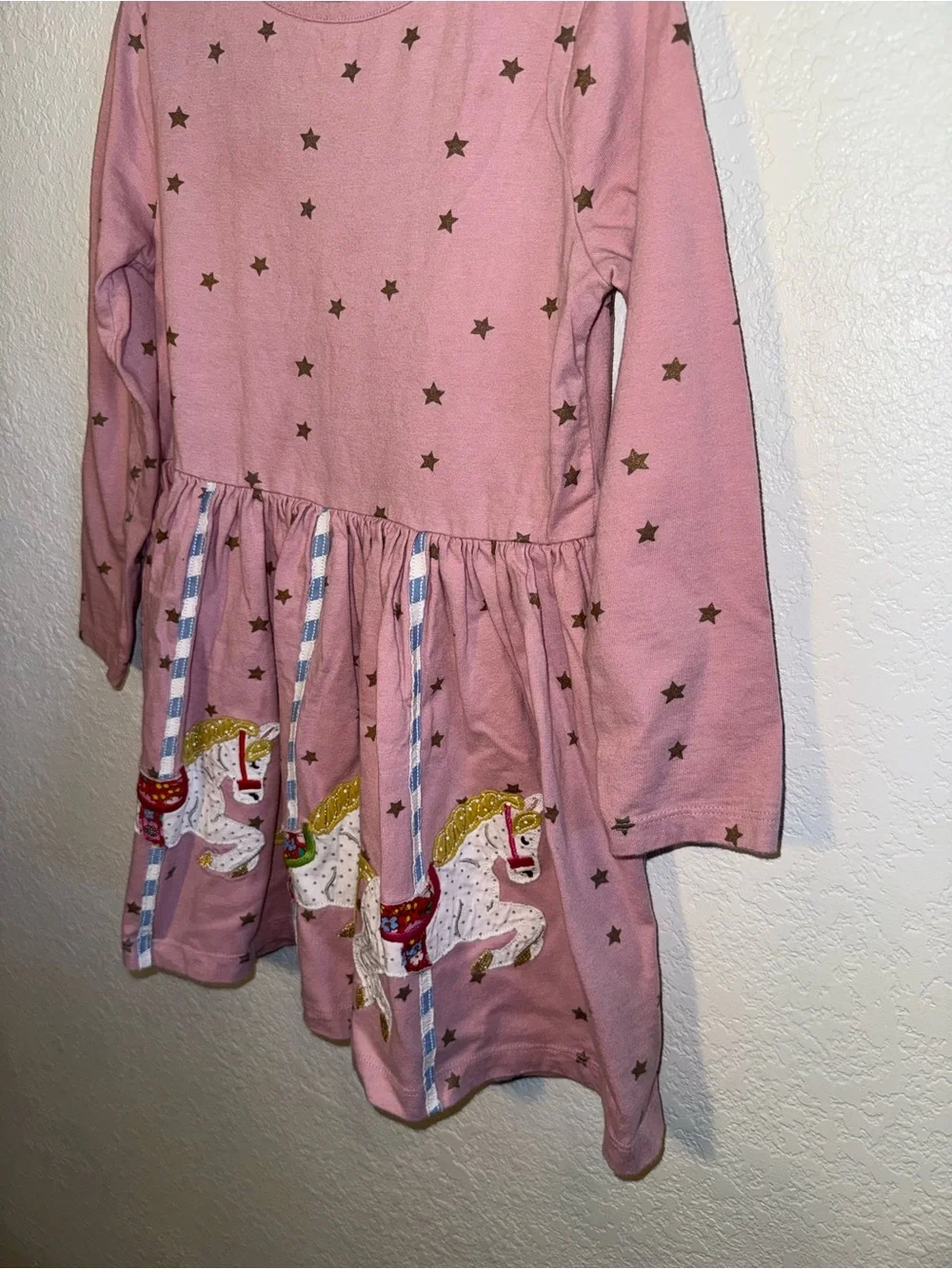 Mini Boden Carousel Appliqué Pink Star Print Long Sleeve Summer Dress Size 5/6Y